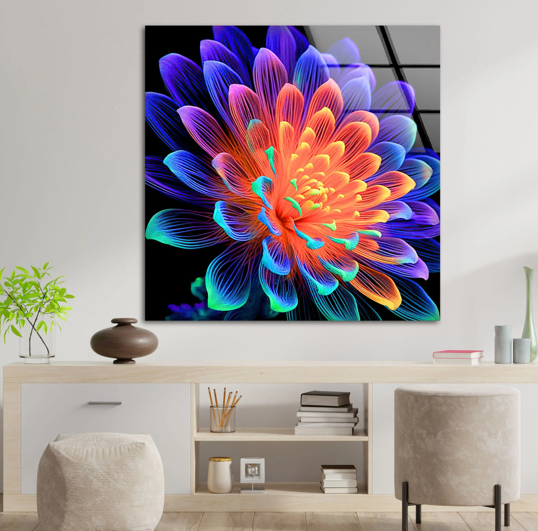 Neon Rainbow Flower Wall Art – Vibrant Glass Print with Glowing Petals on Black for Modern and Artistic Interiors - MyPhotoStation