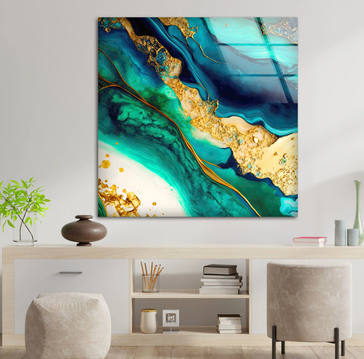 Teal and Gold Abstract Wall Art – Luxurious Glass Print with Ocean-Inspired Marble Texture for Elegant Modern Interiors - MyPhotoStation