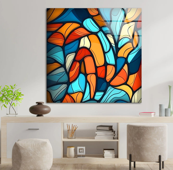 Abstract Mosaic Wall Art – Colorful Glass Print with Blue, Orange, and Red Geometric Design for Modern Artistic Interiors - MyPhotoStation