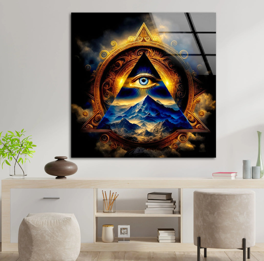 Eye of Providence Wall Art – Mystical Glass Print with Golden Pyramid and Mountain Scene for Spiritual and Esoteric Decor - MyPhotoStation