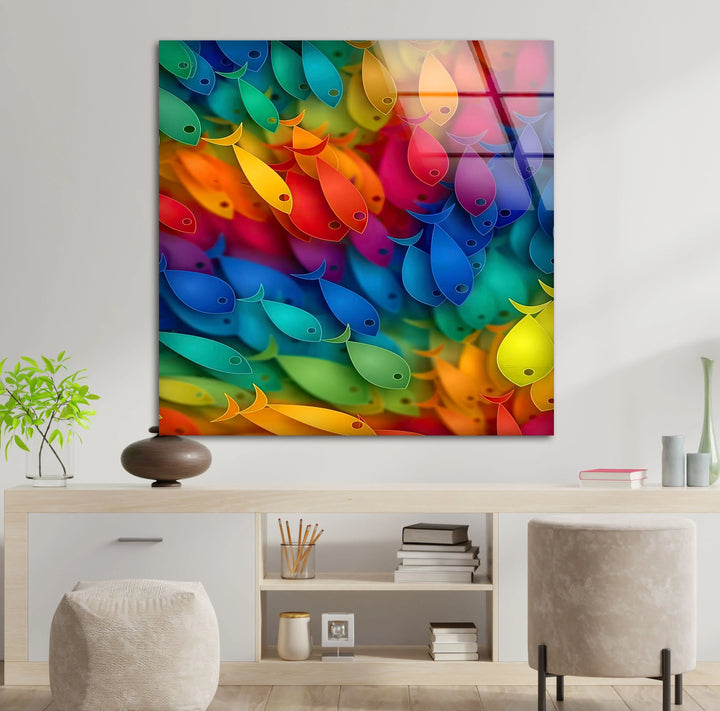 Rainbow Fish Wall Art – Vertical Colorful Glass Print with Vibrant School of Fish Design for Coastal and Playful Interiors - MyPhotoStation