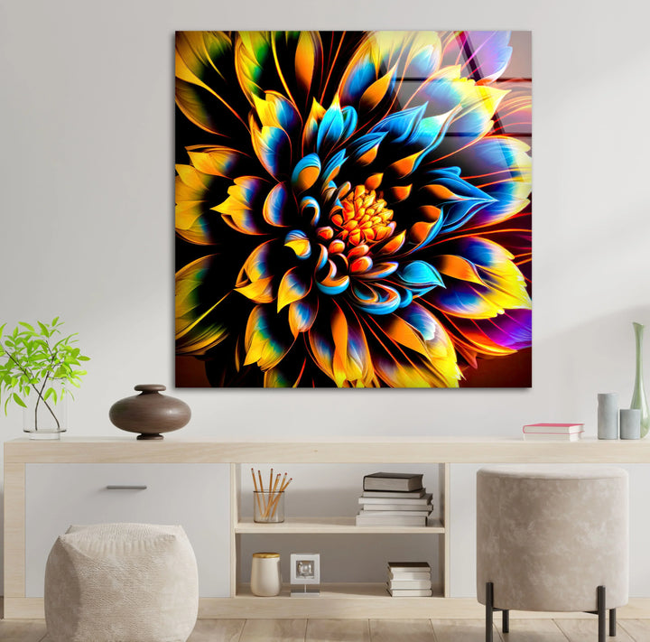 Vibrant Rainbow Flower Wall Art – Color Explosion Glass Print with Glowing Petals for Artistic Modern Interiors - MyPhotoStation