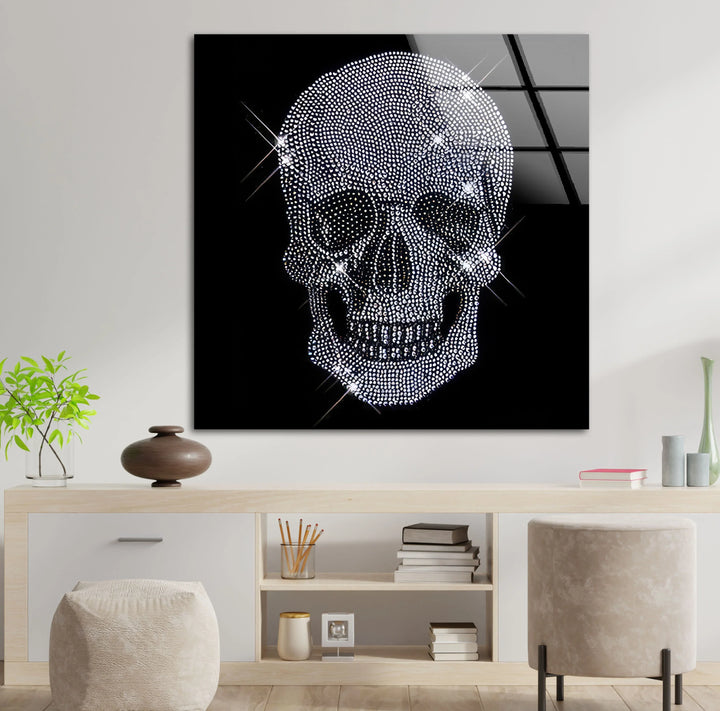 Crystal Skull Wall Art – Sparkling Glass Print with Diamond Skull Design on Black for Glam Rock and Modern Interiors - MyPhotoStation