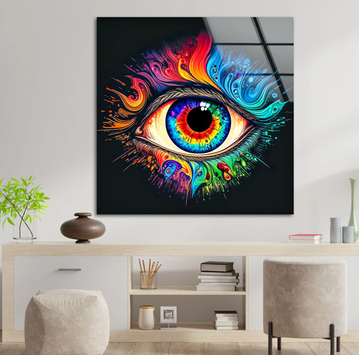 Psychedelic Eye Wall Art – Vivid Rainbow Glass Print with Color Explosion on Black for Visionary and Modern Interiors - MyPhotoStation