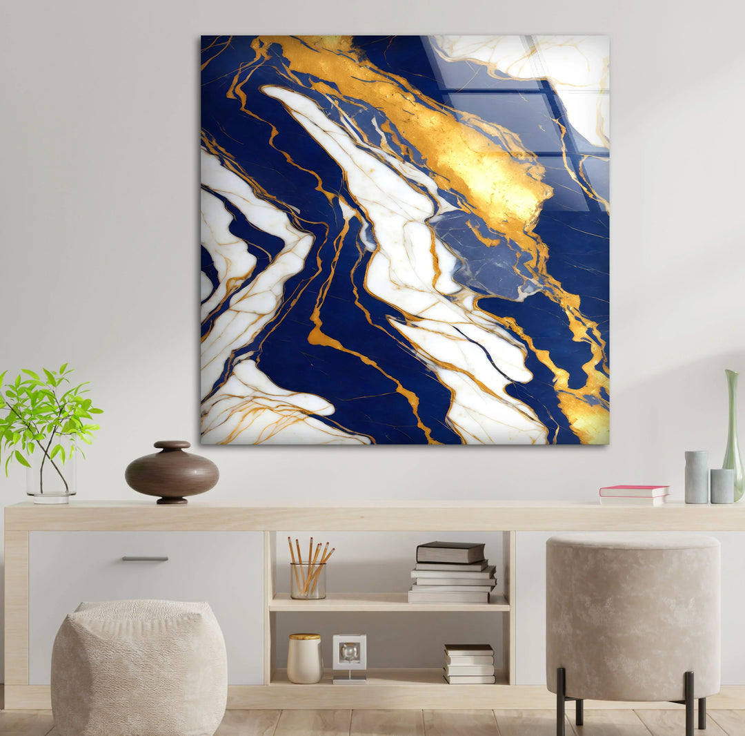 Navy Blue and Gold Marble Wall Art – Elegant Glass Print with White Veins for Sophisticated Modern Interiors - MyPhotoStation
