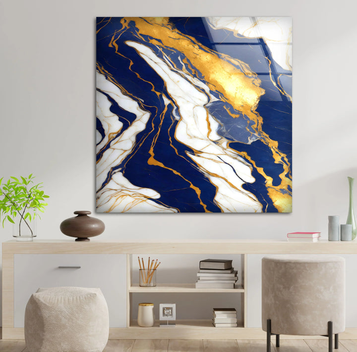 Navy Blue and Gold Marble Wall Art – Elegant Glass Print with White Veins for Sophisticated Modern Interiors - MyPhotoStation