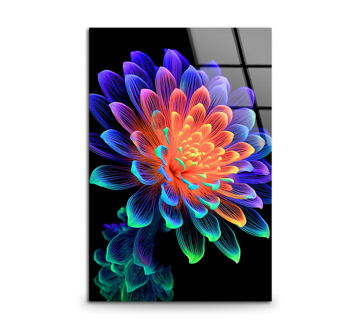 Neon Rainbow Flower Wall Art – Vibrant Glass Print with Glowing Petals on Black for Modern and Artistic Interiors - MyPhotoStation