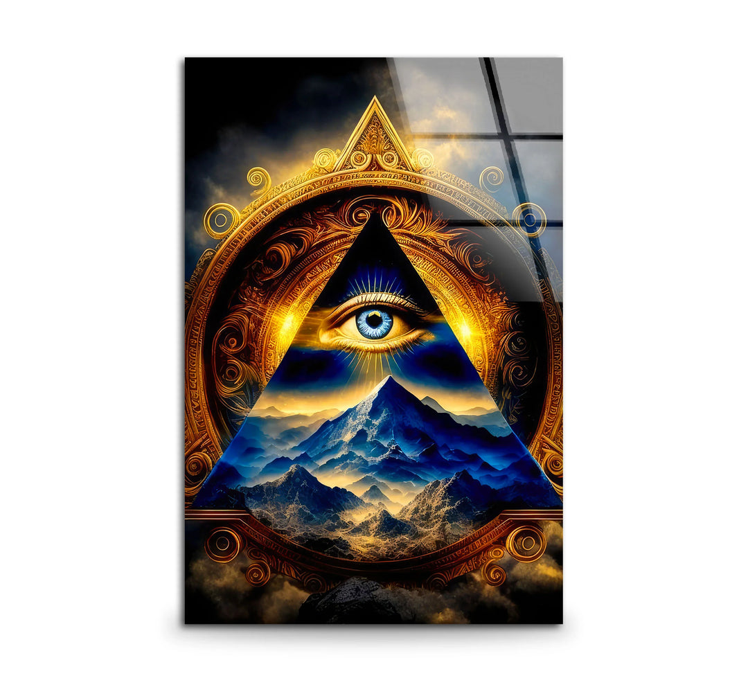 Eye of Providence Wall Art – Mystical Glass Print with Golden Pyramid and Mountain Scene for Spiritual and Esoteric Decor - MyPhotoStation