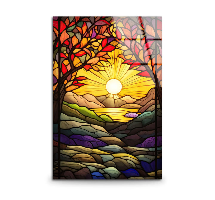 Stained Glass Sunset Wall Art – Colorful Landscape Glass Print with Trees, Sun, and Mountains for Artistic Nature-Inspired Interiors - MyPhotoStation