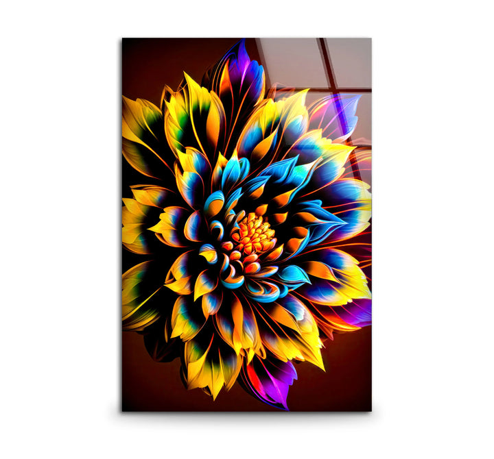 Vibrant Rainbow Flower Wall Art – Color Explosion Glass Print with Glowing Petals for Artistic Modern Interiors - MyPhotoStation
