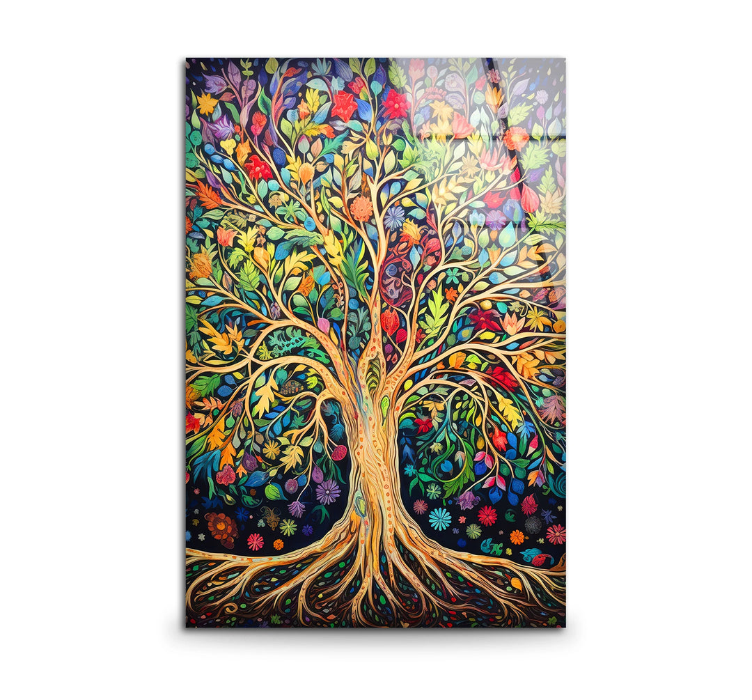 Colorful Tree of Life Wall Art – Multicolor Glass Print with Leaves and Roots for Boho, Nature-Inspired, and Spiritual Interiors - MyPhotoStation