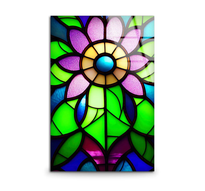 Stained Glass Flower Wall Art – Vibrant Purple and Green Glass Print for Colorful Botanical and Modern Interiors - MyPhotoStation