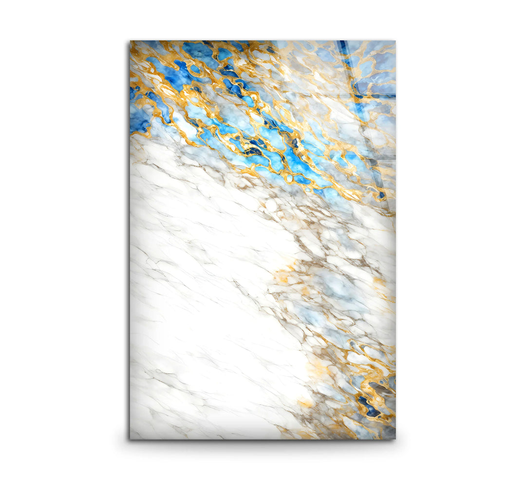 White Marble and Gold Wall Art – Elegant Glass Print with Blue Accents for Modern Luxe Interiors - MyPhotoStation
