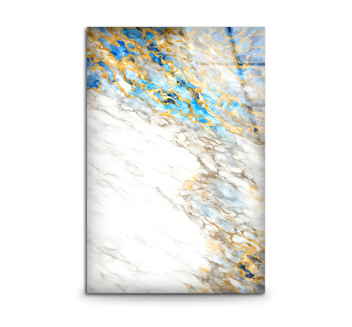 White Marble and Gold Wall Art – Elegant Glass Print with Blue Accents for Modern Luxe Interiors - MyPhotoStation