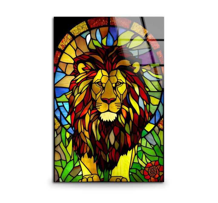 Stained Glass Lion Wall Art – Majestic Glass Print with Regal Colorful Mane for Bold Spiritual or Safari-Inspired Interiors - MyPhotoStation
