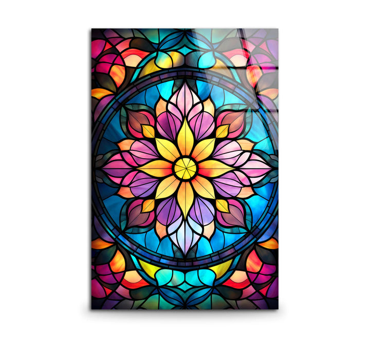Radiant Mandala Flower Wall Art – Multicolor Glass Print with Stained Glass Design for Spiritual and Artistic Interiors - MyPhotoStation