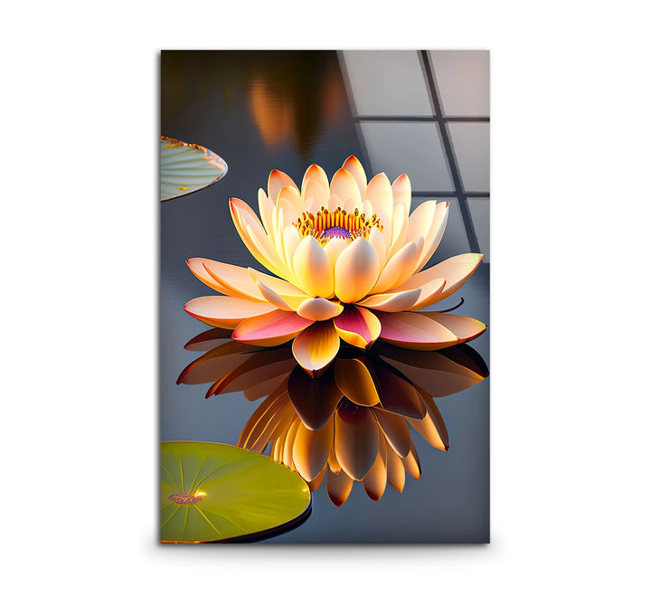 Golden Lotus Flower Wall Art – Tranquil Glass Print with Water Reflection for Zen, Spa, and Minimalist Interiors - MyPhotoStation