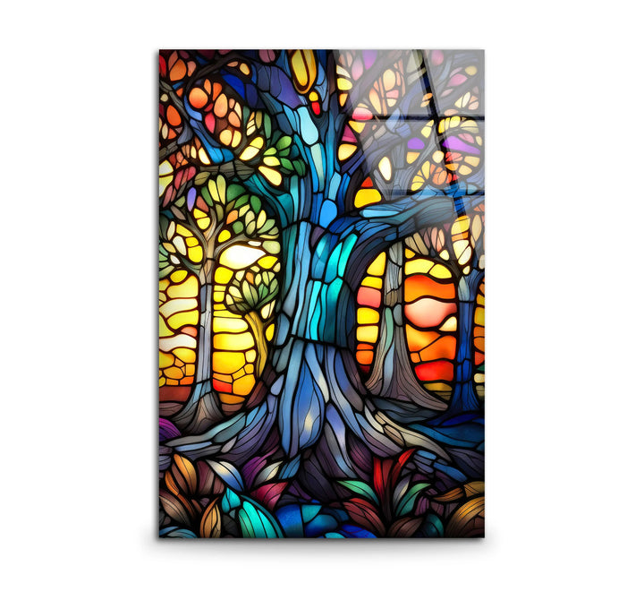 Stained Glass Forest Wall Art – Colorful Glass Print with Sunset and Trees for Spiritual and Artistic Interiors - MyPhotoStation