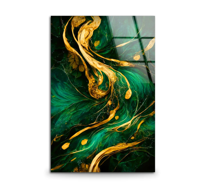 Emerald Gold Abstract Wall Art – Luxurious Glass Print with Flowing Metallic Accents for Elegant and Modern Interiors - MyPhotoStation