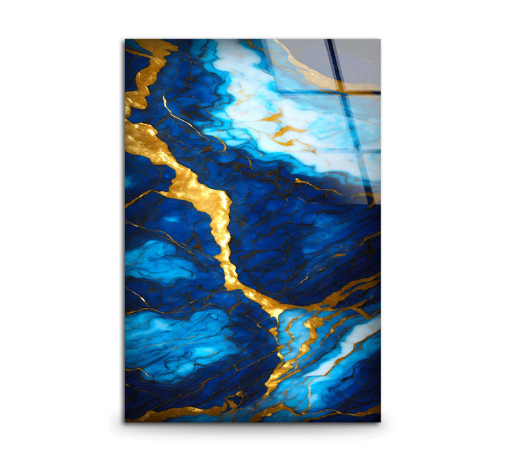 Blue and Gold Marble Wall Art – Elegant Glass Print with Rich Veins and Deep Texture for Modern Luxury Interiors - MyPhotoStation