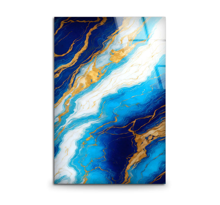 Blue Marble and Gold Wall Art – Glossy Glass Print with White and Gold Veins for Sophisticated Modern Interiors - MyPhotoStation