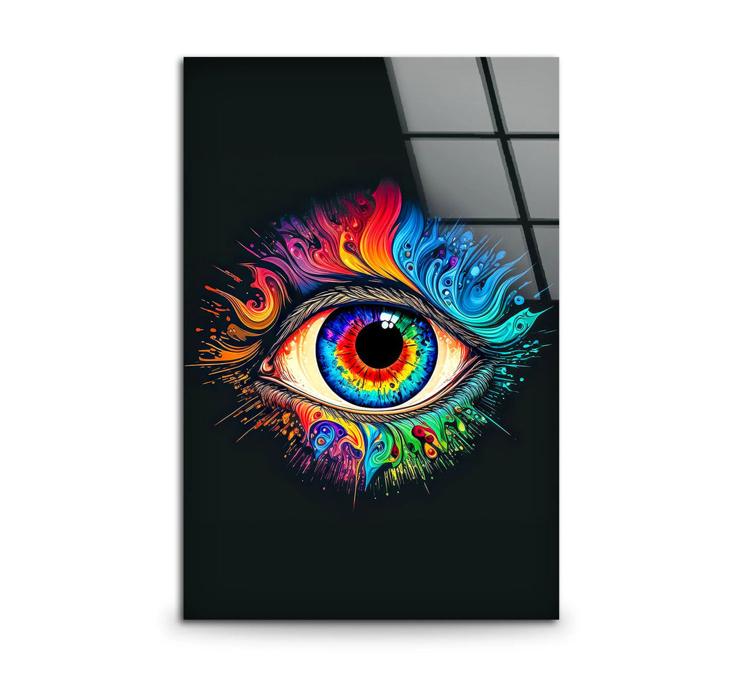 Psychedelic Eye Wall Art – Vivid Rainbow Glass Print with Color Explosion on Black for Visionary and Modern Interiors - MyPhotoStation