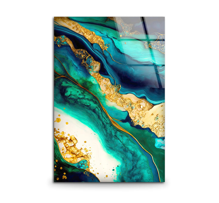 Teal and Gold Abstract Wall Art – Luxurious Glass Print with Ocean-Inspired Marble Texture for Elegant Modern Interiors - MyPhotoStation