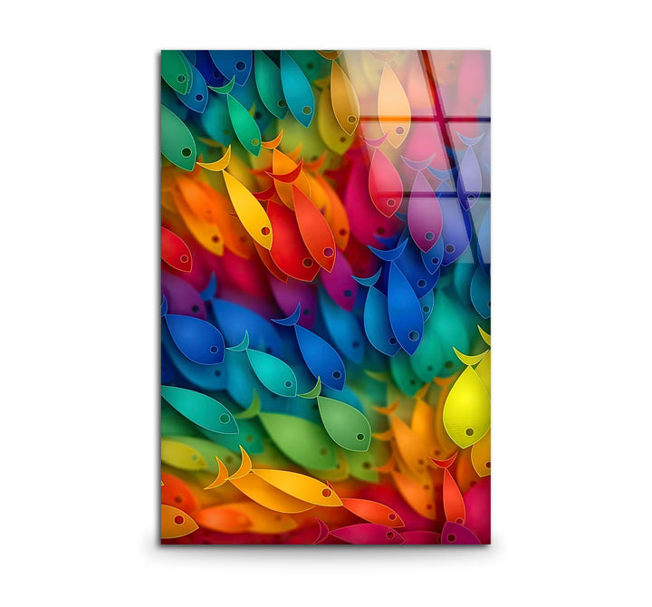 Rainbow Fish Wall Art – Vertical Colorful Glass Print with Vibrant School of Fish Design for Coastal and Playful Interiors - MyPhotoStation