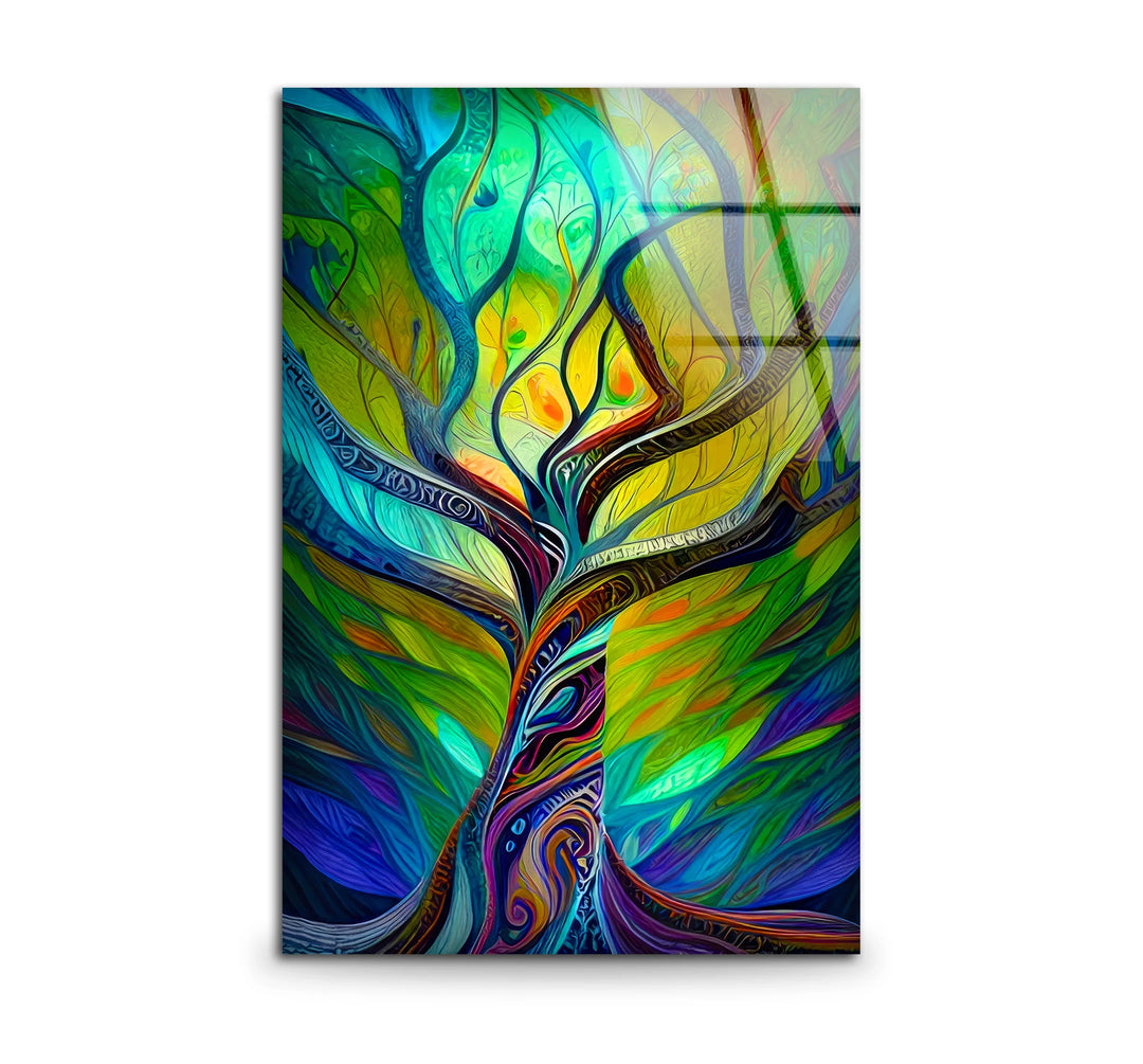 Psychedelic Tree Wall Art – Colorful Abstract Glass Print with Swirling Trunk for Modern and Artistic Interiors - MyPhotoStation