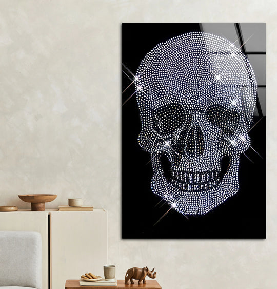 Crystal Skull Wall Art – Sparkling Glass Print with Diamond Skull Design on Black for Glam Rock and Modern Interiors - MyPhotoStation