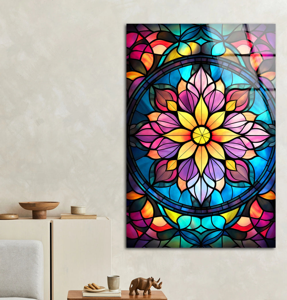Radiant Mandala Flower Wall Art – Multicolor Glass Print with Stained Glass Design for Spiritual and Artistic Interiors - MyPhotoStation