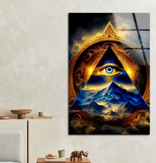Eye of Providence Wall Art – Mystical Glass Print with Golden Pyramid and Mountain Scene for Spiritual and Esoteric Decor - MyPhotoStation