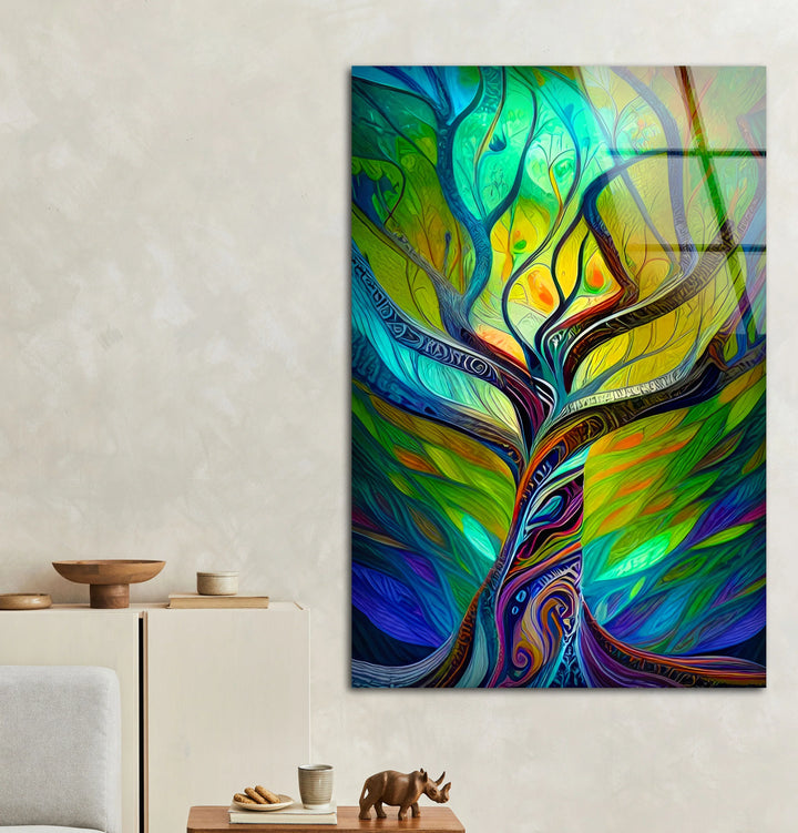Psychedelic Tree Wall Art – Colorful Abstract Glass Print with Swirling Trunk for Modern and Artistic Interiors - MyPhotoStation