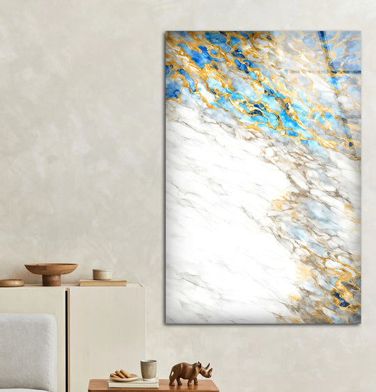 White Marble and Gold Wall Art – Elegant Glass Print with Blue Accents for Modern Luxe Interiors - MyPhotoStation