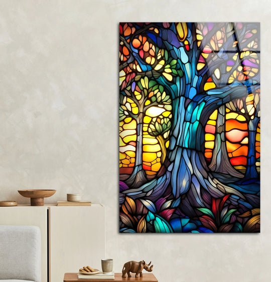 Stained Glass Forest Wall Art – Colorful Glass Print with Sunset and Trees for Spiritual and Artistic Interiors - MyPhotoStation