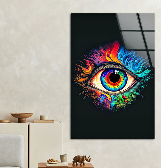 Psychedelic Eye Wall Art – Vivid Rainbow Glass Print with Color Explosion on Black for Visionary and Modern Interiors - MyPhotoStation