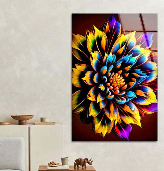 Vibrant Rainbow Flower Wall Art – Color Explosion Glass Print with Glowing Petals for Artistic Modern Interiors - MyPhotoStation