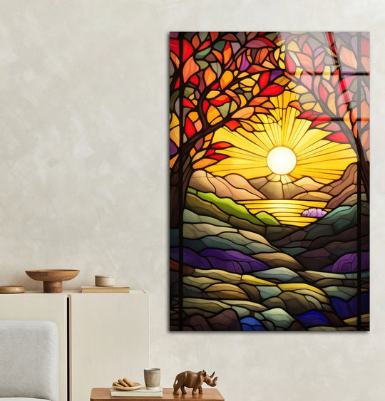Stained Glass Sunset Wall Art – Colorful Landscape Glass Print with Trees, Sun, and Mountains for Artistic Nature-Inspired Interiors - MyPhotoStation