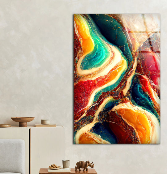Colorful Marble Abstract Wall Art – Flowing Glass Print with Teal, Orange, and Red Texture for Luxe Modern Interiors - MyPhotoStation