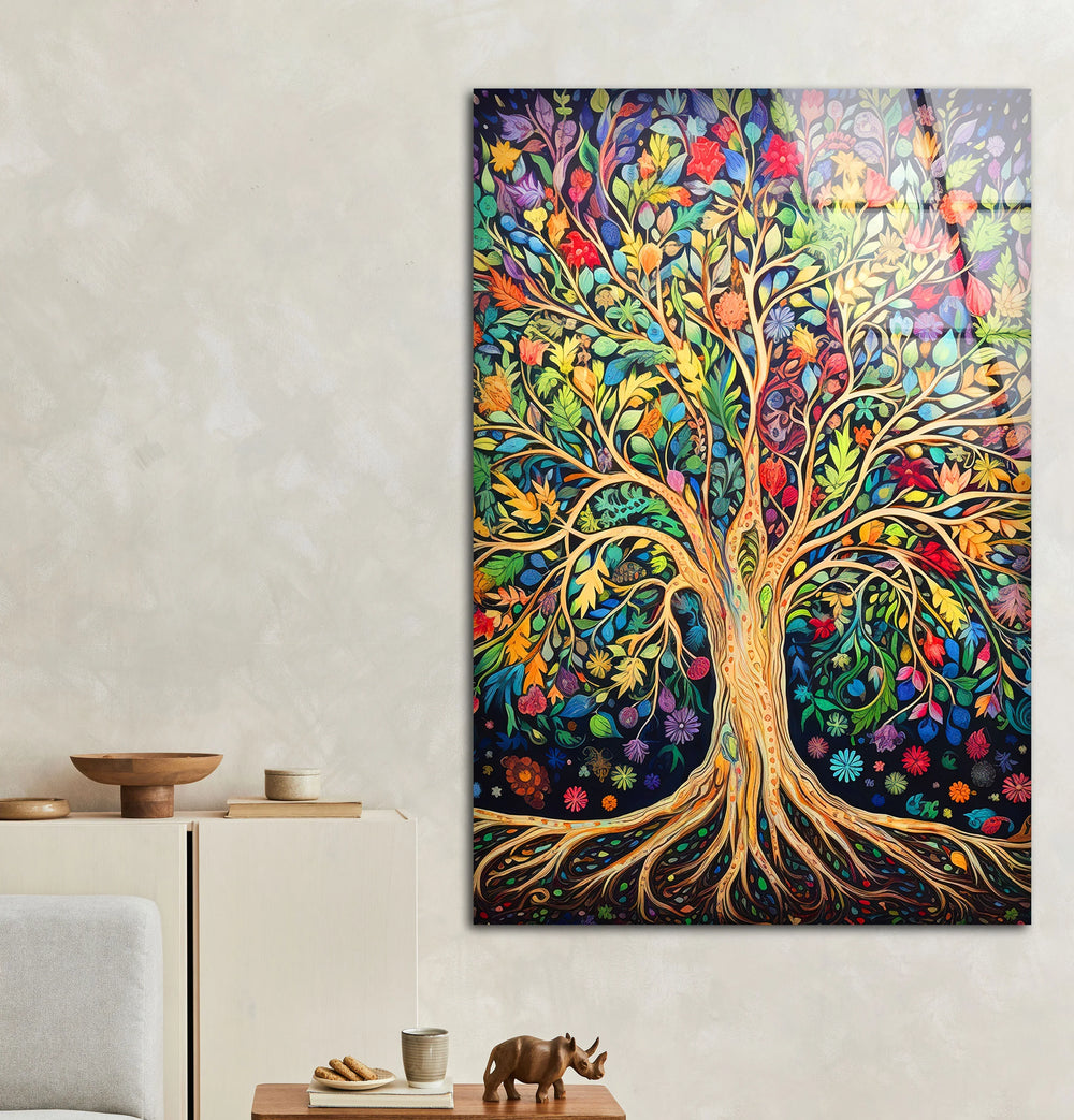 Colorful Tree of Life Wall Art – Multicolor Glass Print with Leaves and Roots for Boho, Nature-Inspired, and Spiritual Interiors - MyPhotoStation