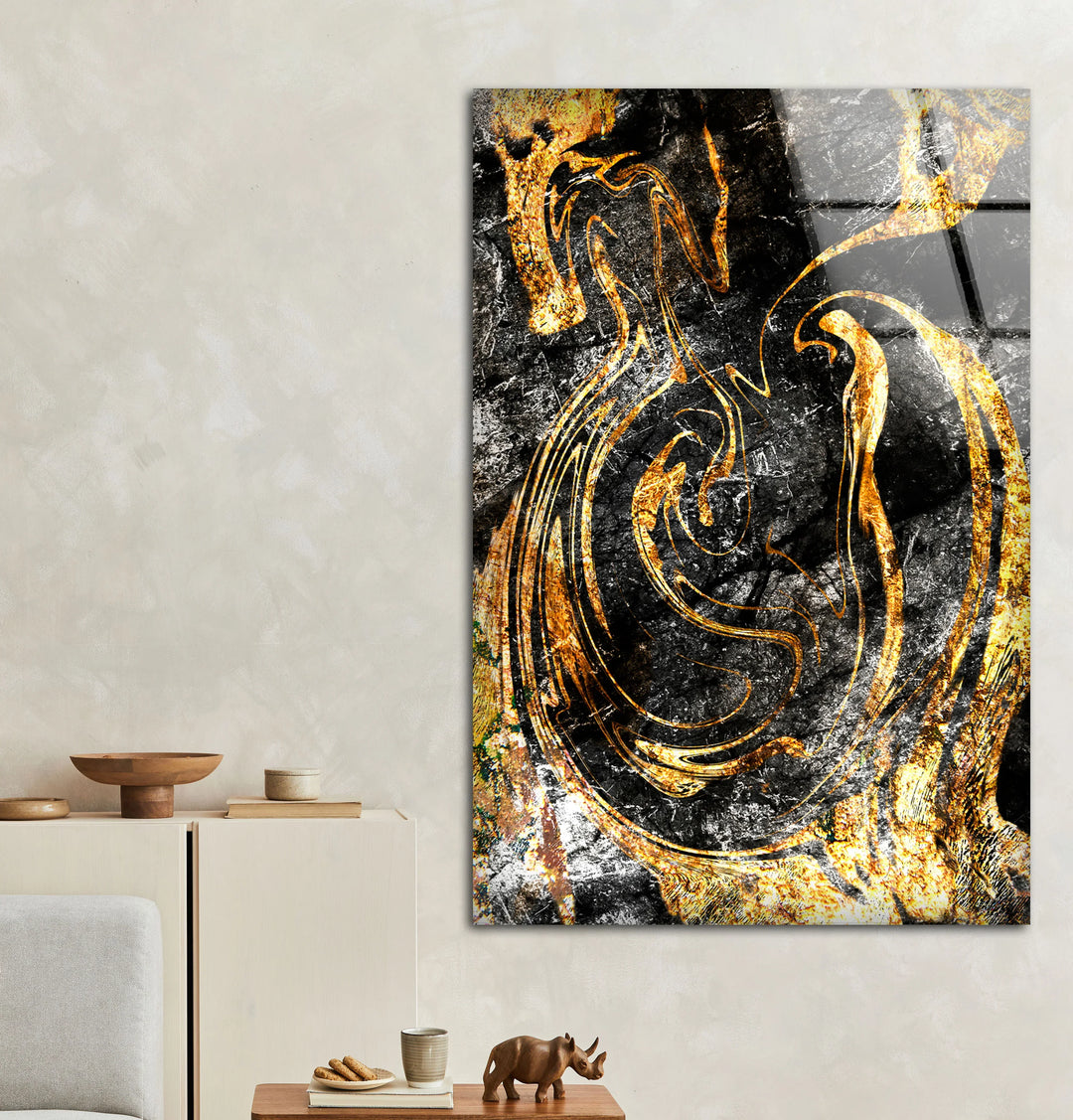Black and Gold Abstract Wall Art – Textured Glass Print with Swirling Metallic Design for Luxe Industrial or Modern Interiors - MyPhotoStation