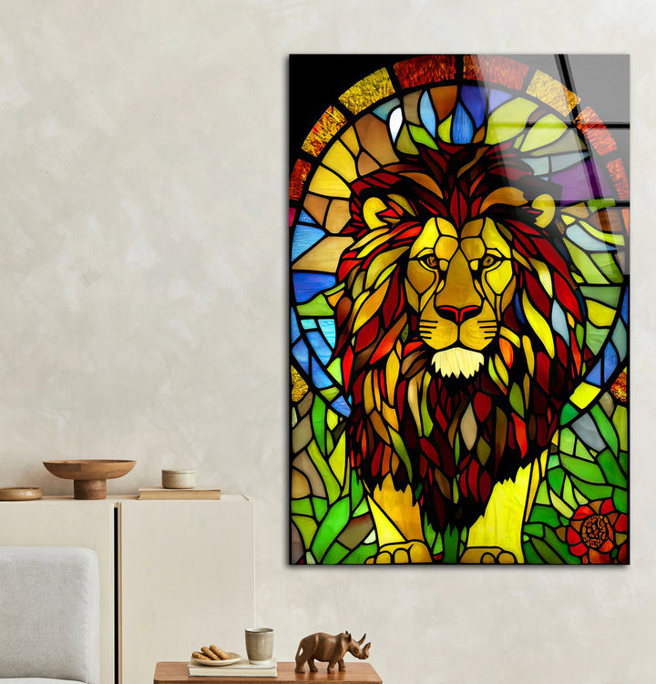 Stained Glass Lion Wall Art – Majestic Glass Print with Regal Colorful Mane for Bold Spiritual or Safari-Inspired Interiors - MyPhotoStation