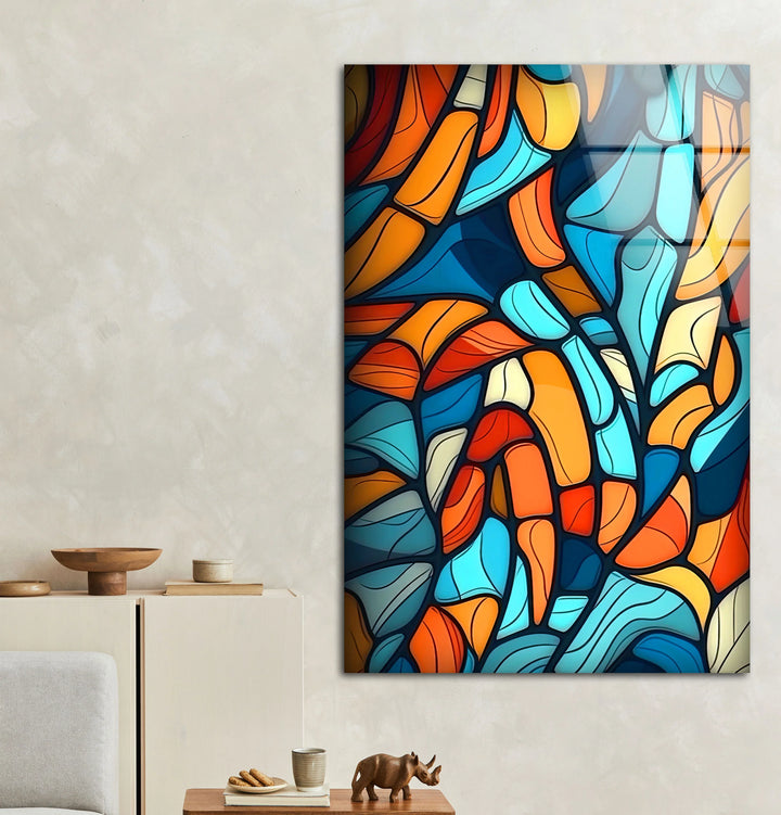 Abstract Mosaic Wall Art – Colorful Glass Print with Blue, Orange, and Red Geometric Design for Modern Artistic Interiors - MyPhotoStation