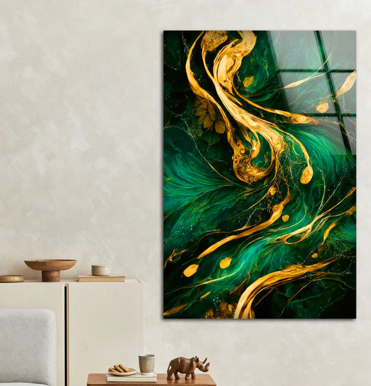 Emerald Gold Abstract Wall Art – Luxurious Glass Print with Flowing Metallic Accents for Elegant and Modern Interiors - MyPhotoStation