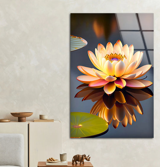 Golden Lotus Flower Wall Art – Tranquil Glass Print with Water Reflection for Zen, Spa, and Minimalist Interiors - MyPhotoStation