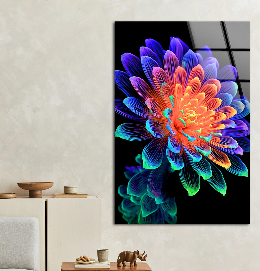 Neon Rainbow Flower Wall Art – Vibrant Glass Print with Glowing Petals on Black for Modern and Artistic Interiors - MyPhotoStation