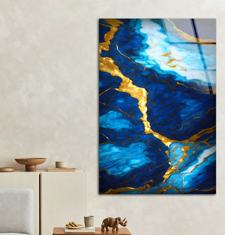 Blue and Gold Marble Wall Art – Elegant Glass Print with Rich Veins and Deep Texture for Modern Luxury Interiors - MyPhotoStation