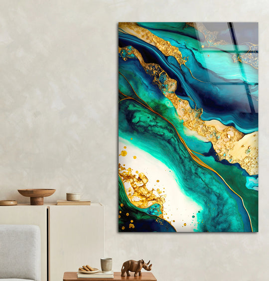 Teal and Gold Abstract Wall Art – Luxurious Glass Print with Ocean-Inspired Marble Texture for Elegant Modern Interiors - MyPhotoStation