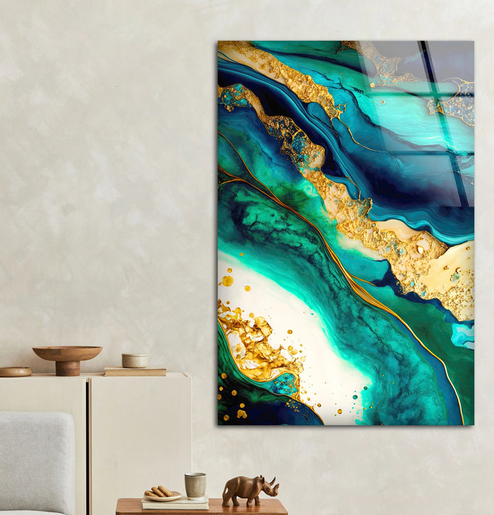 Teal and Gold Abstract Wall Art – Luxurious Glass Print with Ocean-Inspired Marble Texture for Elegant Modern Interiors - MyPhotoStation