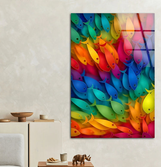 Rainbow Fish Wall Art – Vertical Colorful Glass Print with Vibrant School of Fish Design for Coastal and Playful Interiors - MyPhotoStation